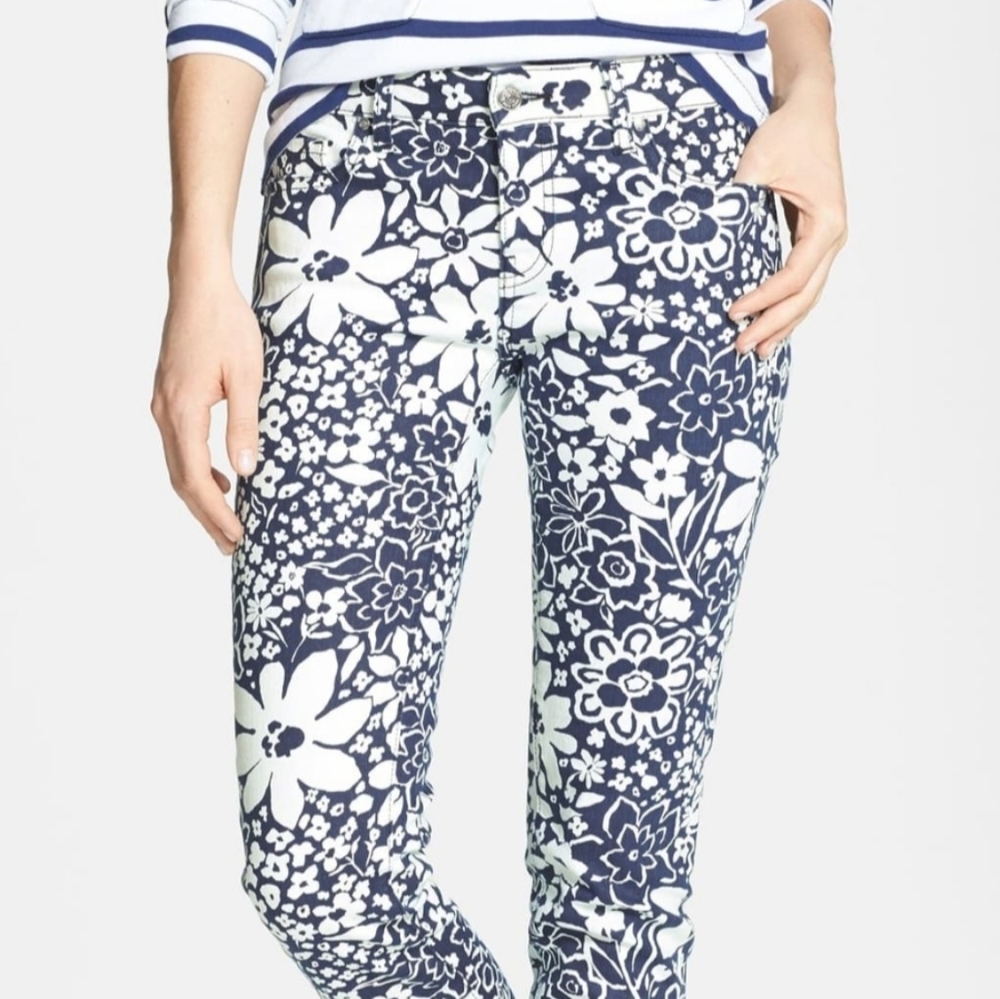 Floral Print Slim Women's Pants - Navy & White